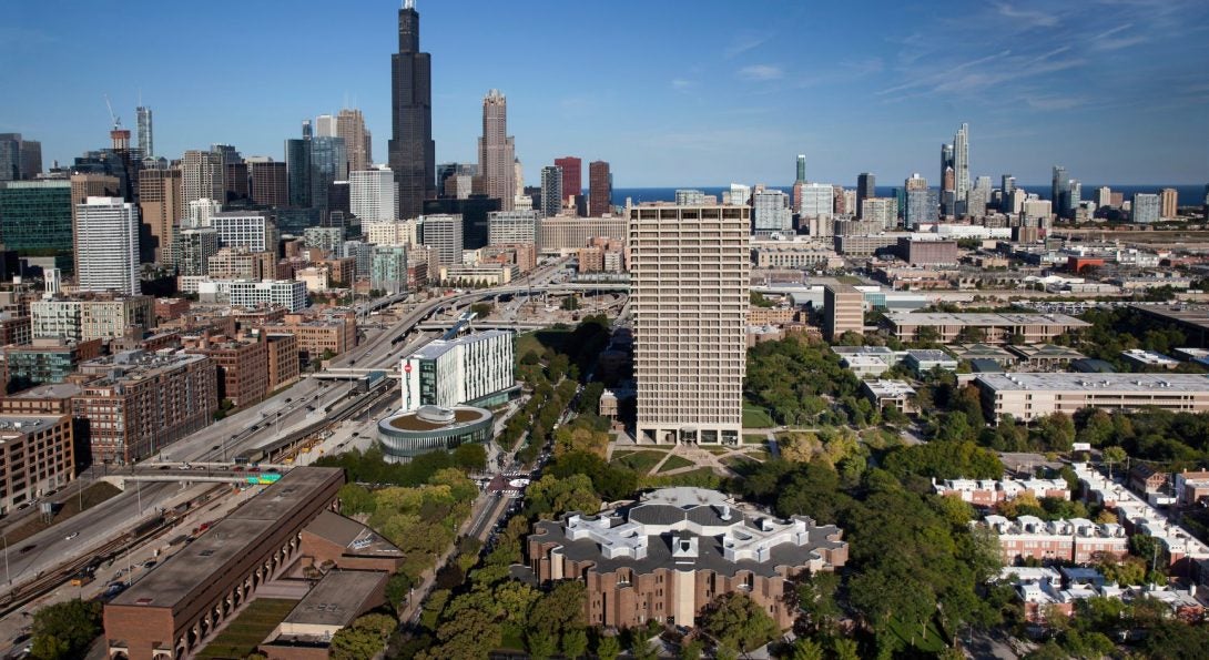 Chicago skyline with UIC in foreground